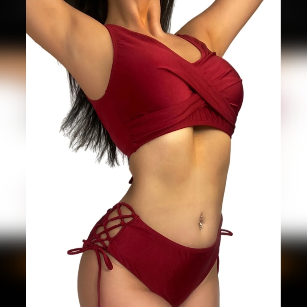 Sexy Front Cross Lace Up Top Side Tie Mid-Waisted Bikini Bottom Set